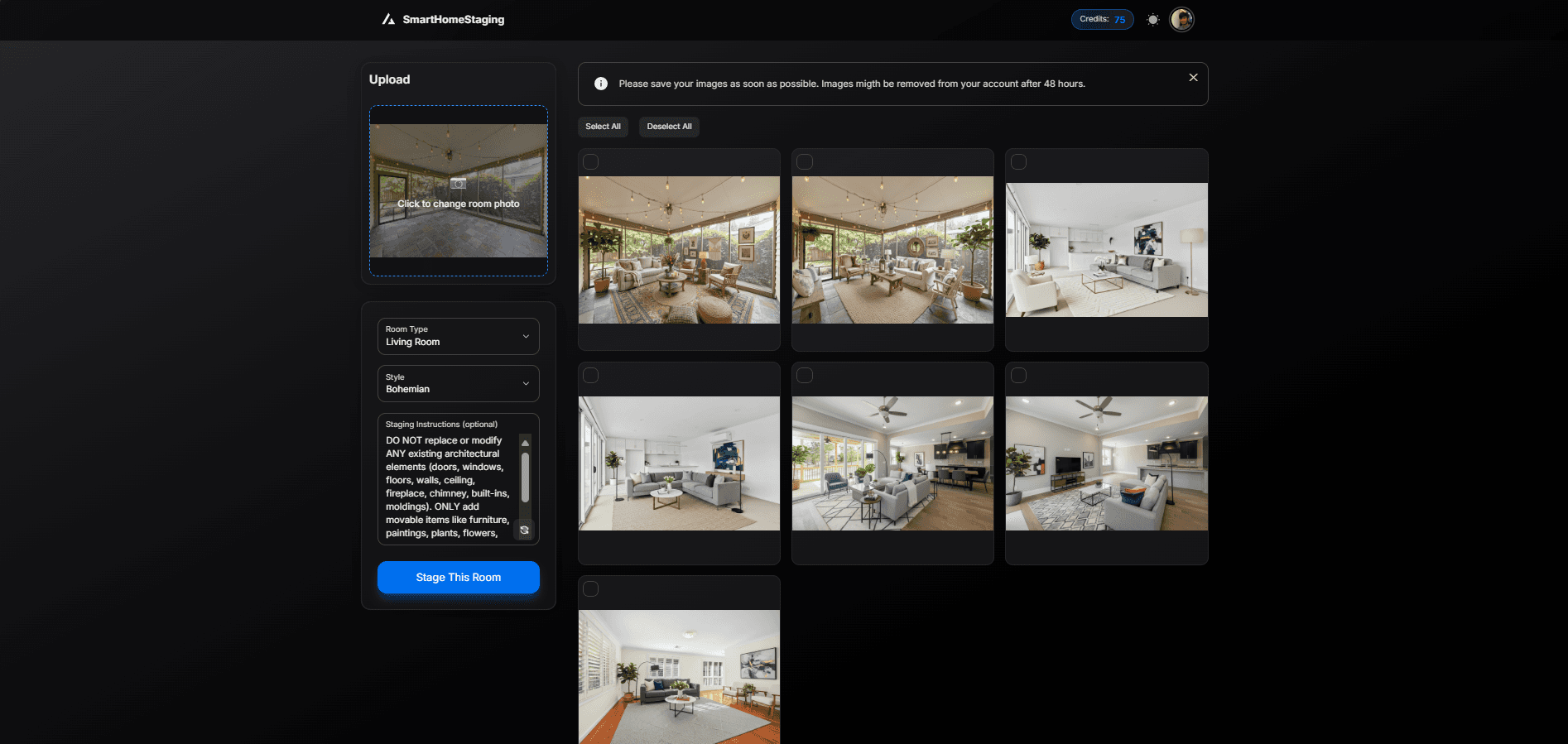 SmartHomeStaging AI Dashboard Screenshot